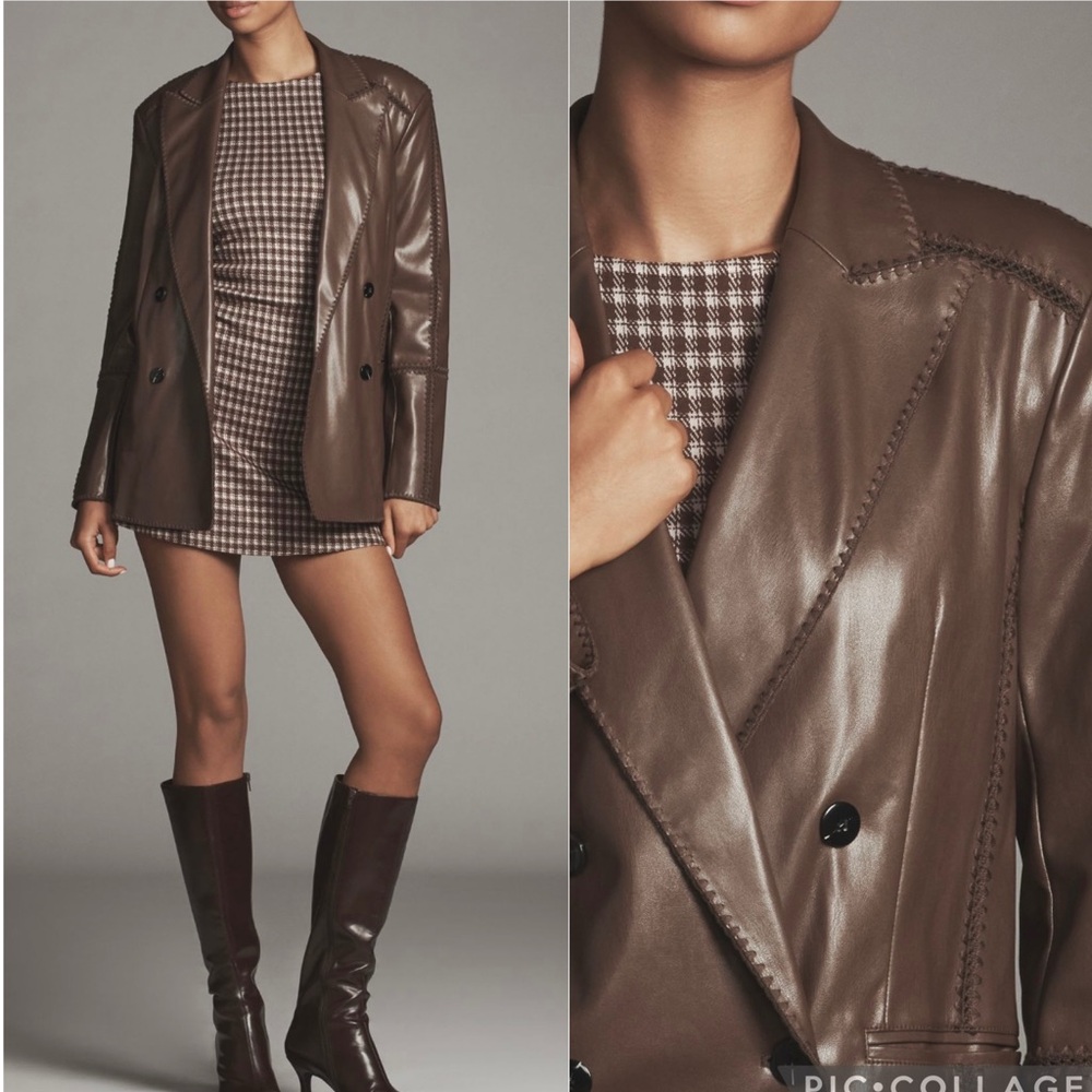 NWT Anthropologie Faux Leather Crochet-Stitch Blazer Jacket Brown Womens Large